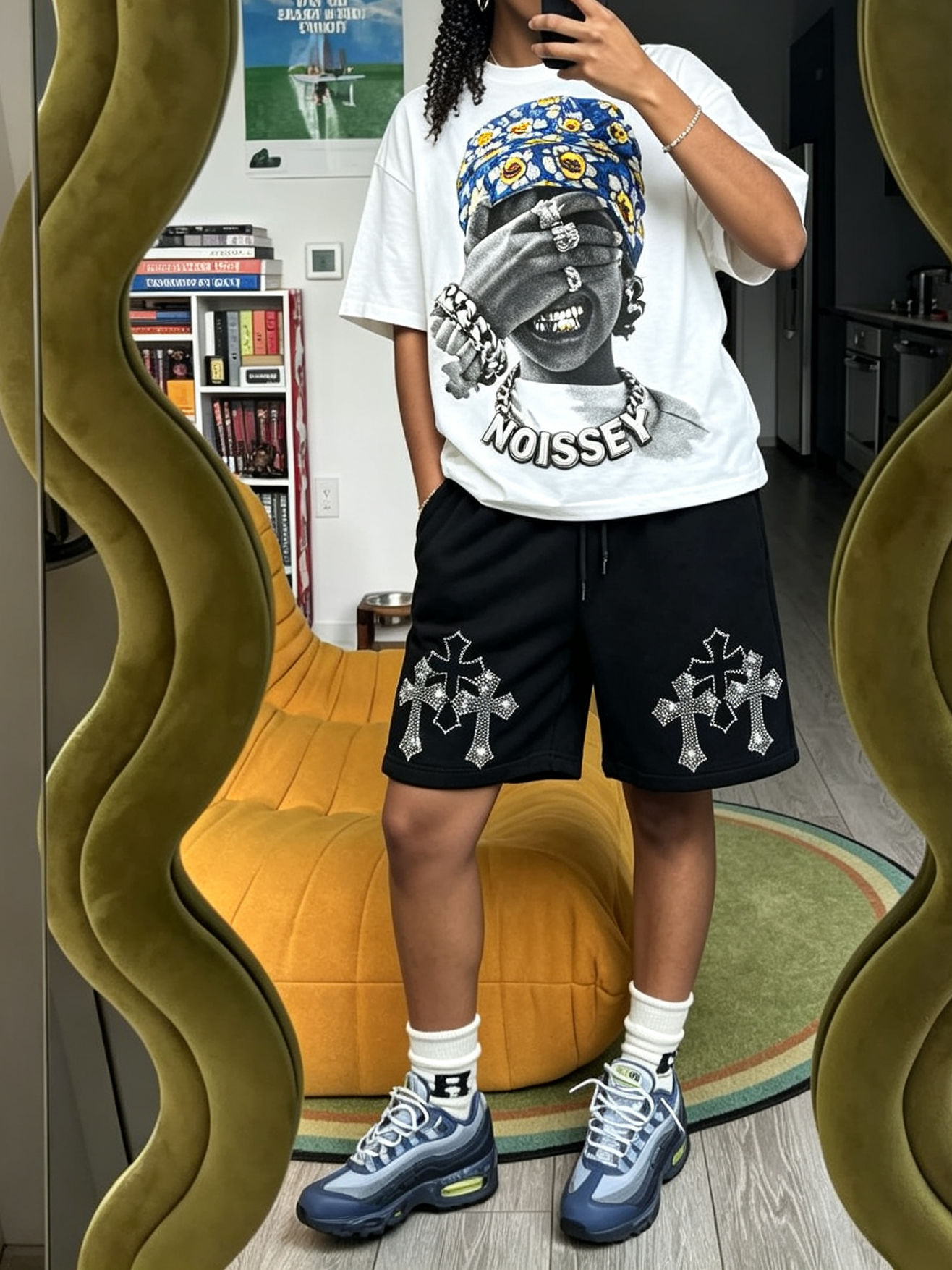 NOISSEY Blue Flower Bandana Kid Gold Grillz Boxy Graphic Tee - White Streetwear Shirt