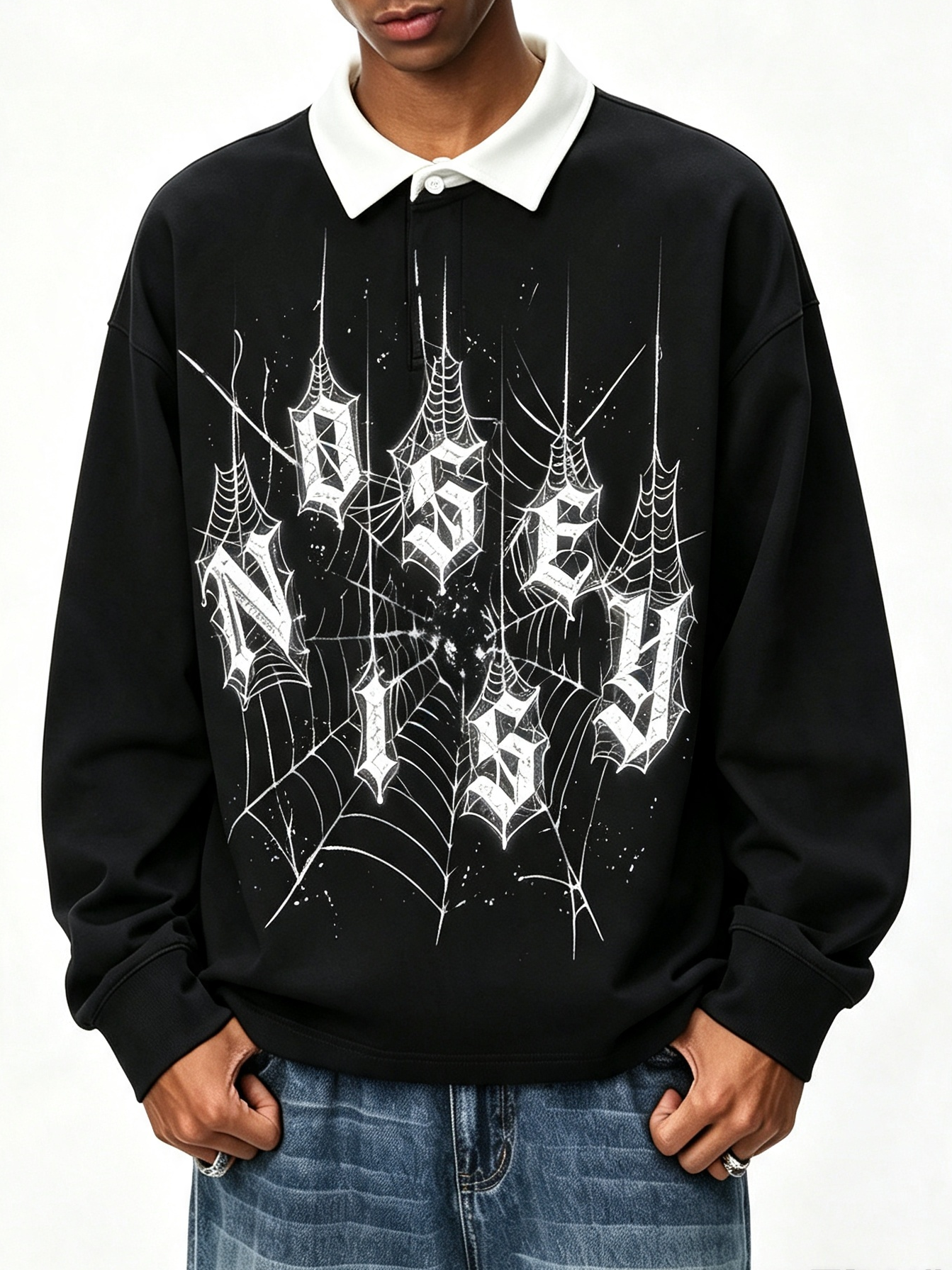 NOISSEY Diamond Spiderweb Graphic Long Sleeve Polo Sweatshirt - Pure Black