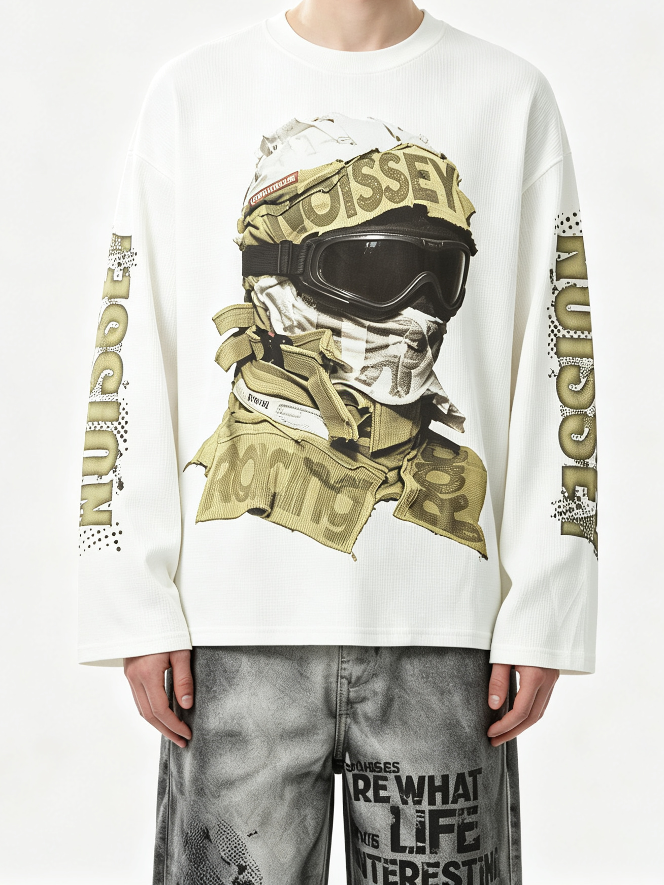 NOISSEY Masked Figure Goggles Graphic Long Sleeve Sweatshirt - White Tactical Streetwear Pullover