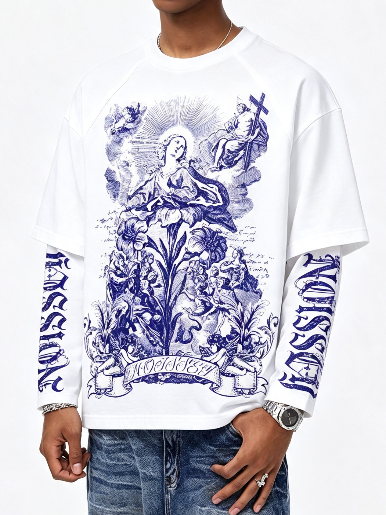 Camiseta de manga larga NOISSEY con efecto de capas, grabado a bolígrafo de la Virgen María y ángeles - Blanco puro