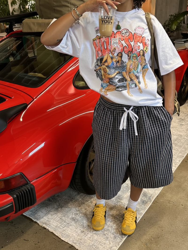 NOISSEY Crayon Graffiti Sports Car Girls Oversized Graphic Tee - White Y2K Streetwear Shirt