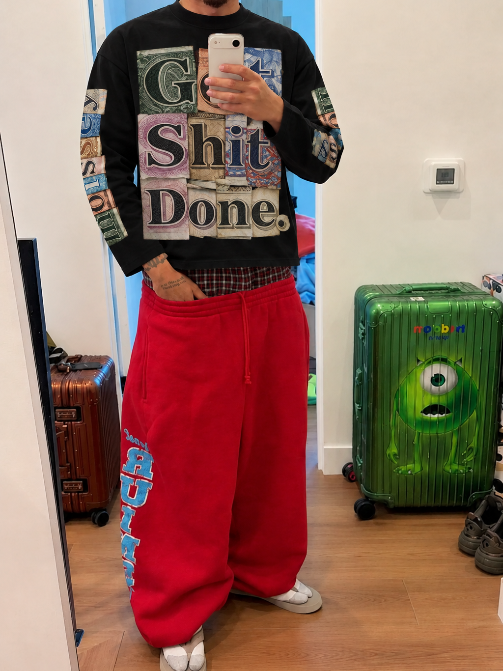 NOISSEY Money Collage "Get Shit Done" Streetwear Black Faux-Layer Long Sleeves