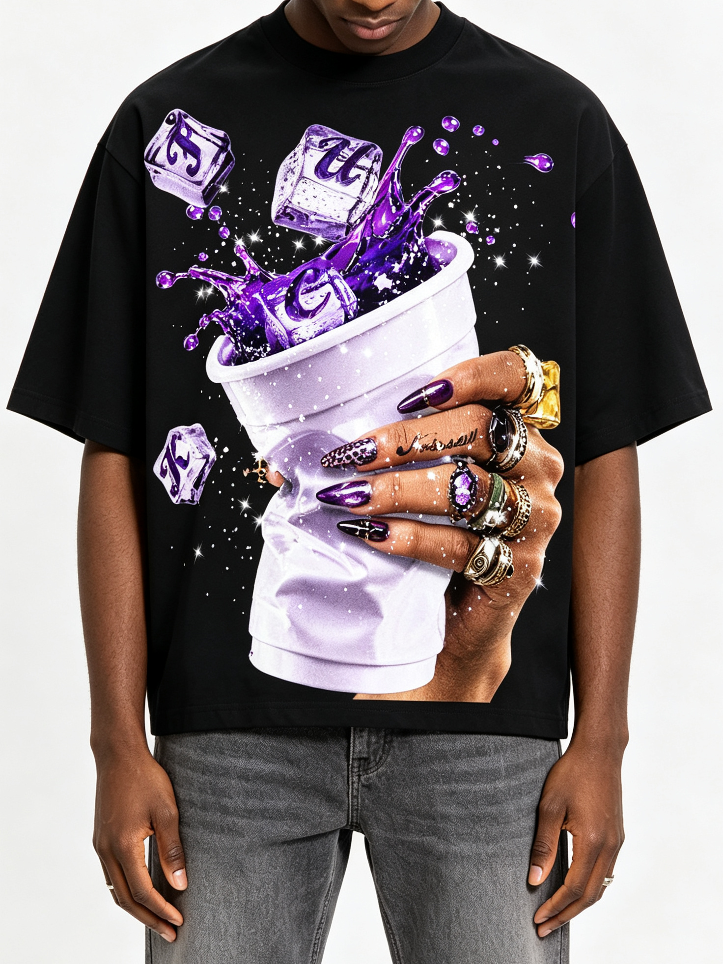 NOISSEY Purple Splash Leopard Nails Graphic Boxy Tee -  Black Streetwear T-Shirt