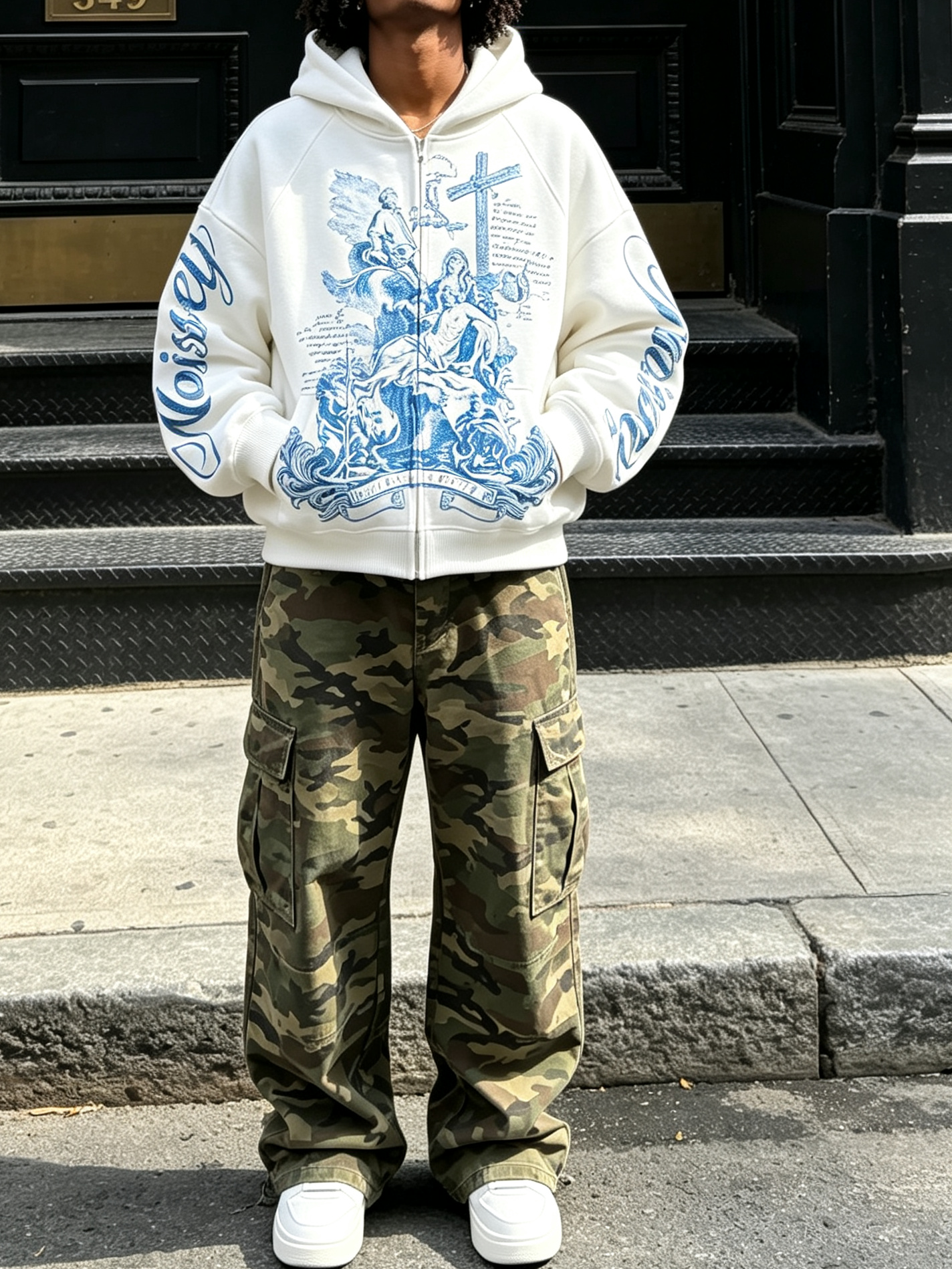 NOISSEY "Divine Grace" Blue Baroque Religious Cross Zip-Up Hoodie - White
