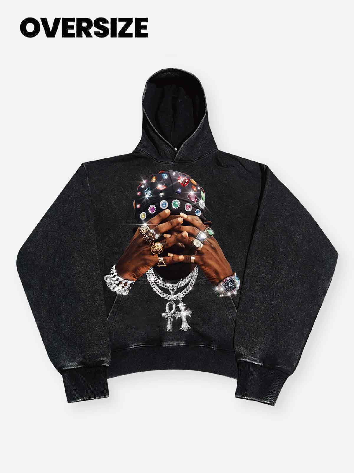 High-Quality Hip-Hop Diamond Hand Rich Figure Print 425g Hoodie