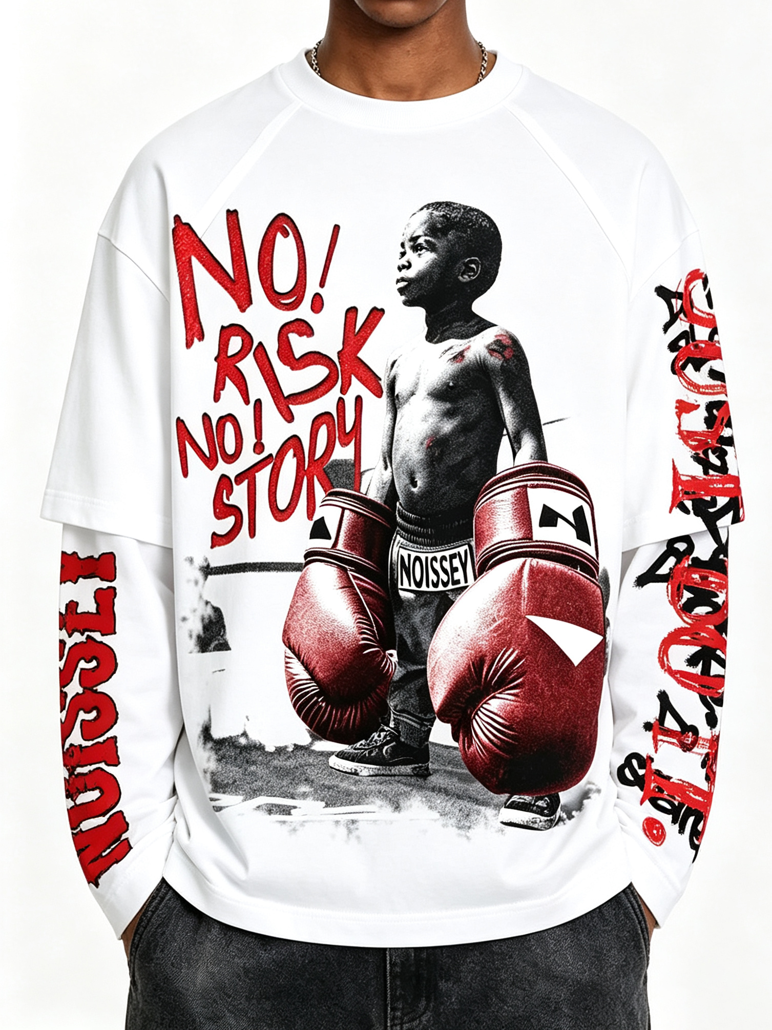 NOISSEY Boxer Boy Graffiti Fake-Two-Piece Heavyweight Long Sleeve Tee White