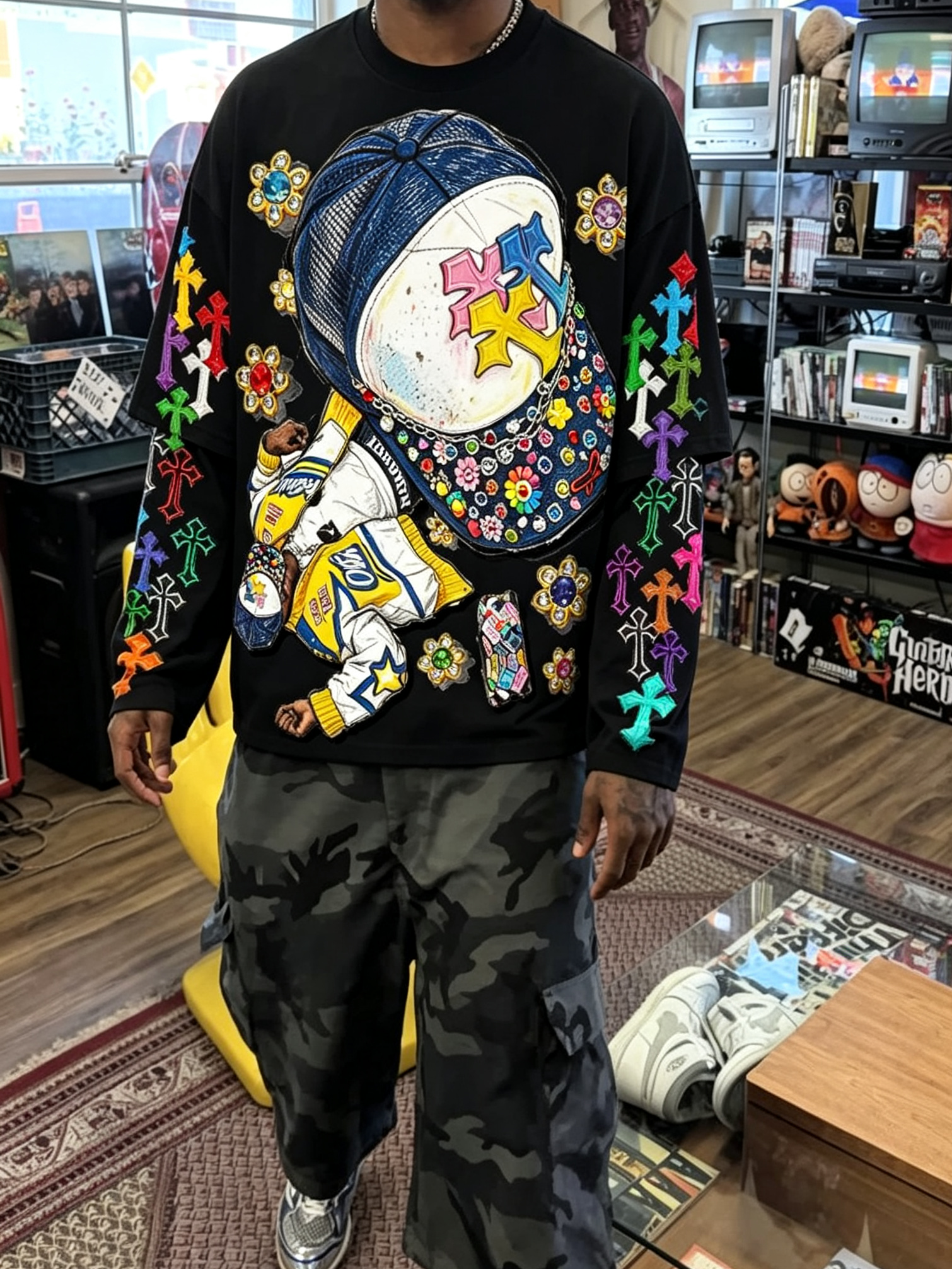 NOISSEY Hip-Hop Trucker Hat Graphic Heavyweight Faux Two-Piece Crewneck Long Sleeves Black