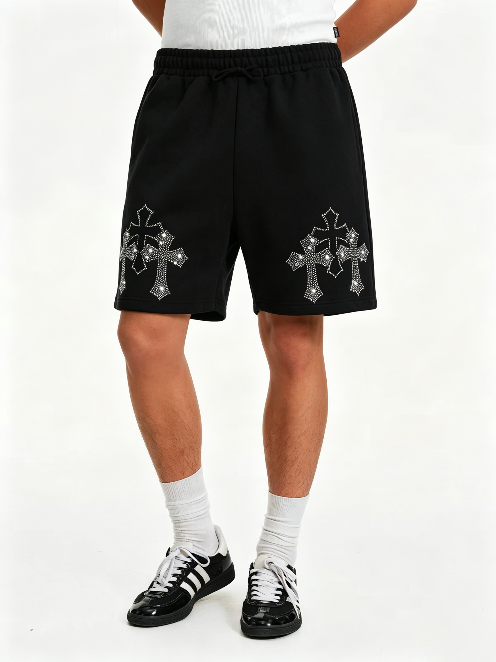 NOISSEY Gothic Rhinestone Crosses Fleece Shorts - Black Oversized Y2K Streetwear Shorts