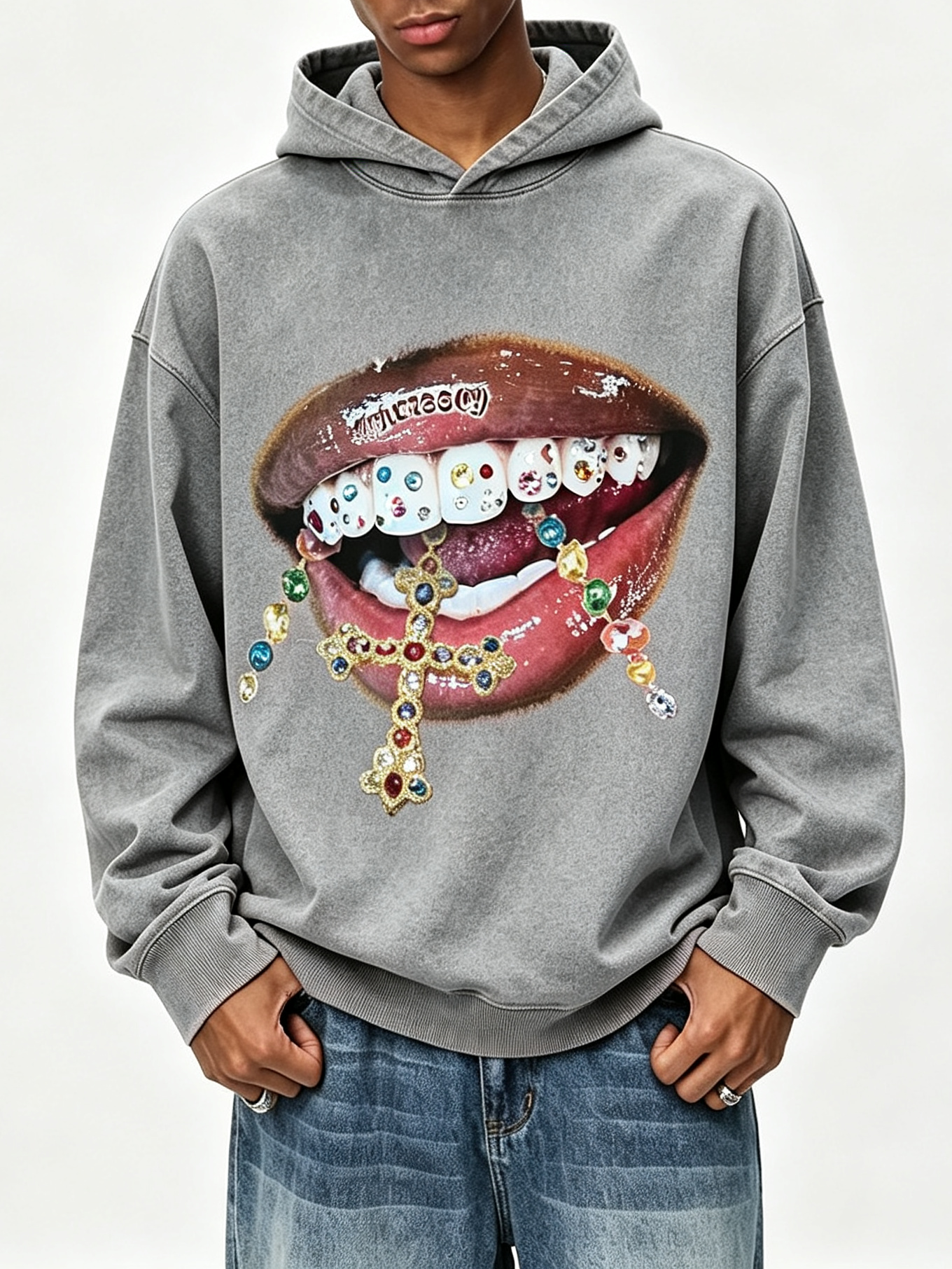 NOISSEY Vintage Wash "Diamond Cross Grillz" Heavyweight Hoodie (425g)