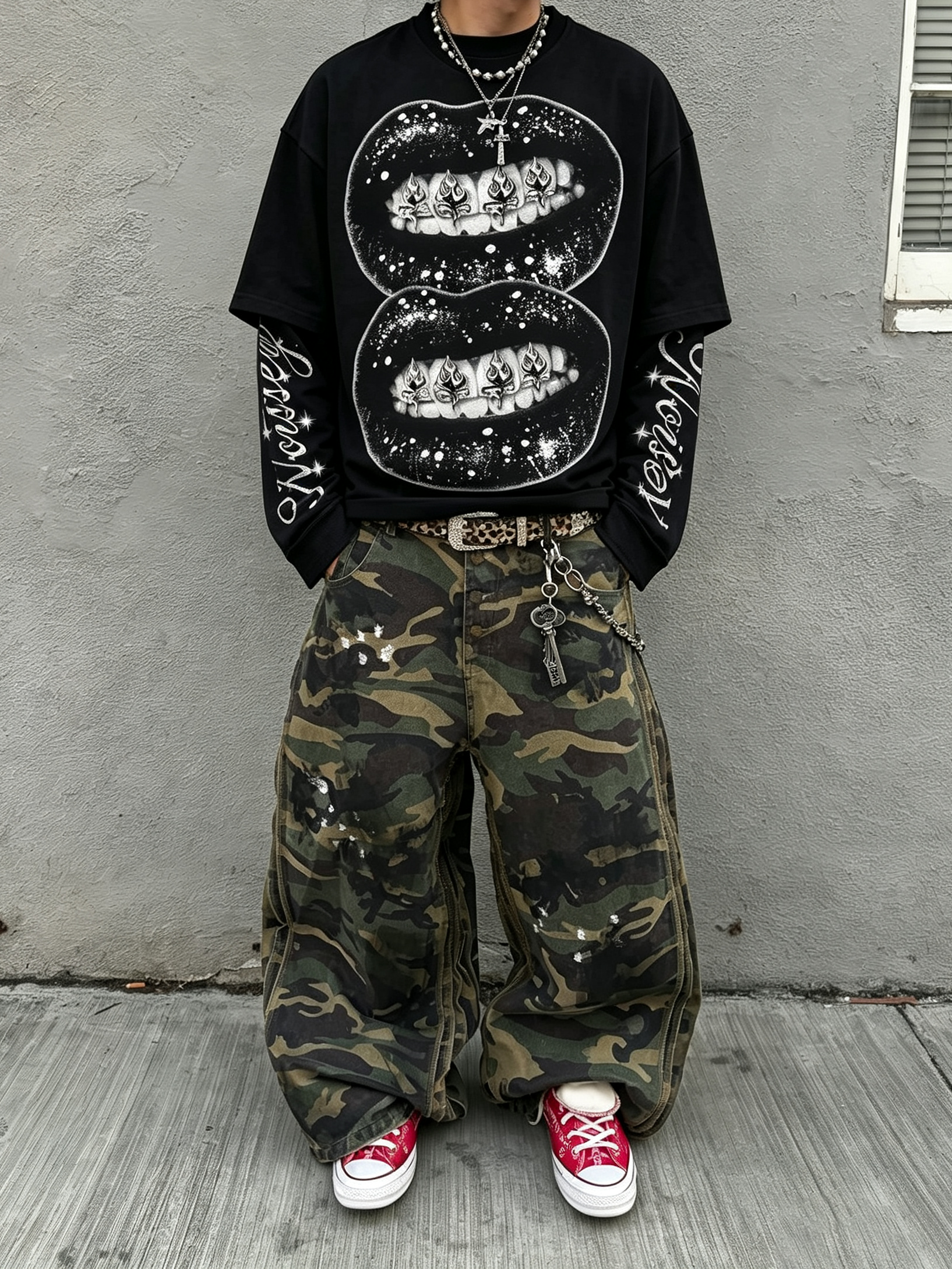 NOISSEY Double Black Lips Flame Grillz Faux Two-Piece Sweatshirt - Black Gothic Streetwear Crewneck