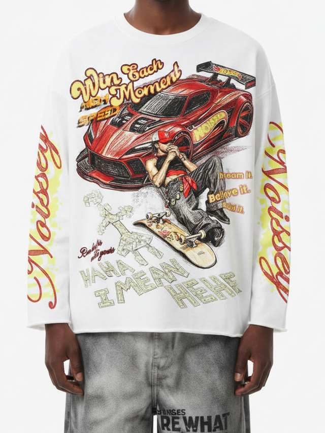NOISSEY Red Supercar Skater Graphic Crewneck Long Sleeves- White / Black Streetwear
