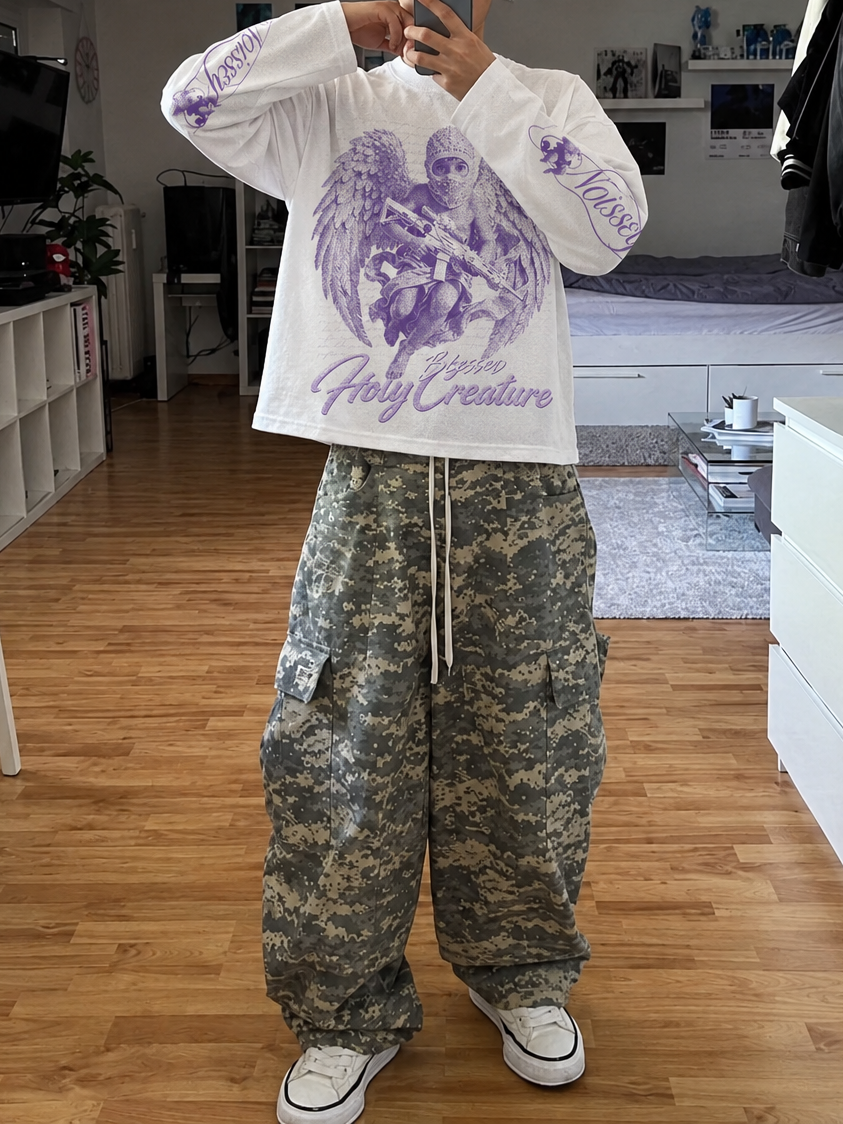 NOISSEY Purple Tone Pearl Hooded Angel Lace Prop Gun White Long Sleeve Shirt
