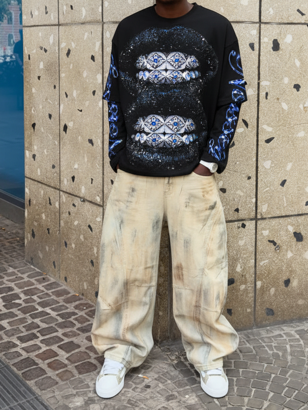 NOISSEY Glitter Sapphire Iced-Out Lips Faux Layer Sweatshirt