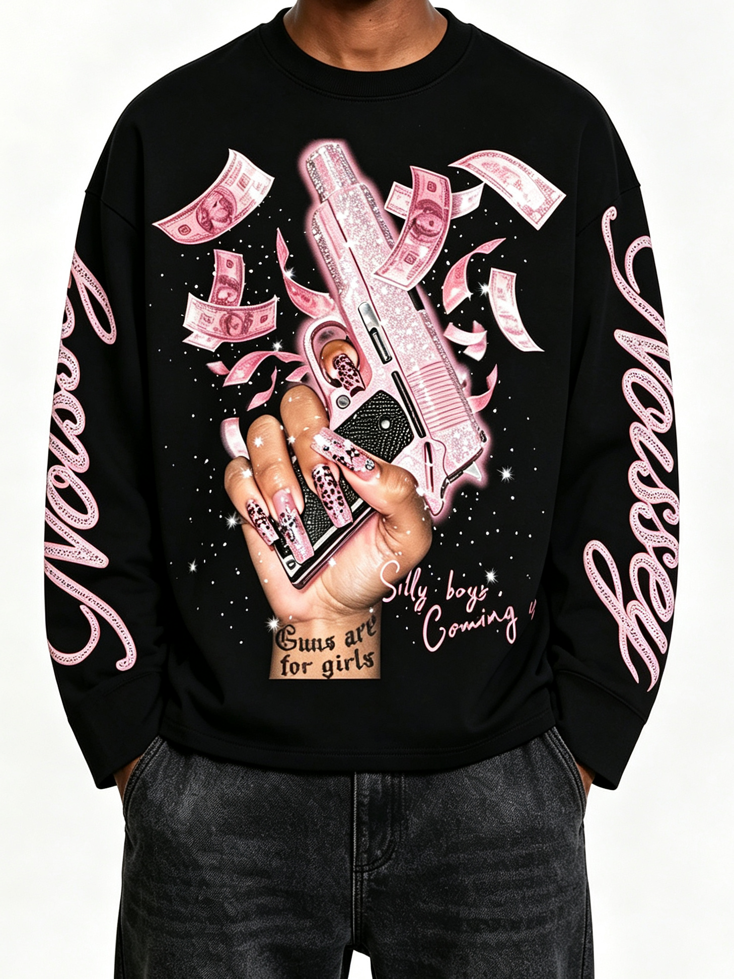 NOISSEY Pink Money Rain Machine &amp; Glam Nails Sweatshirt