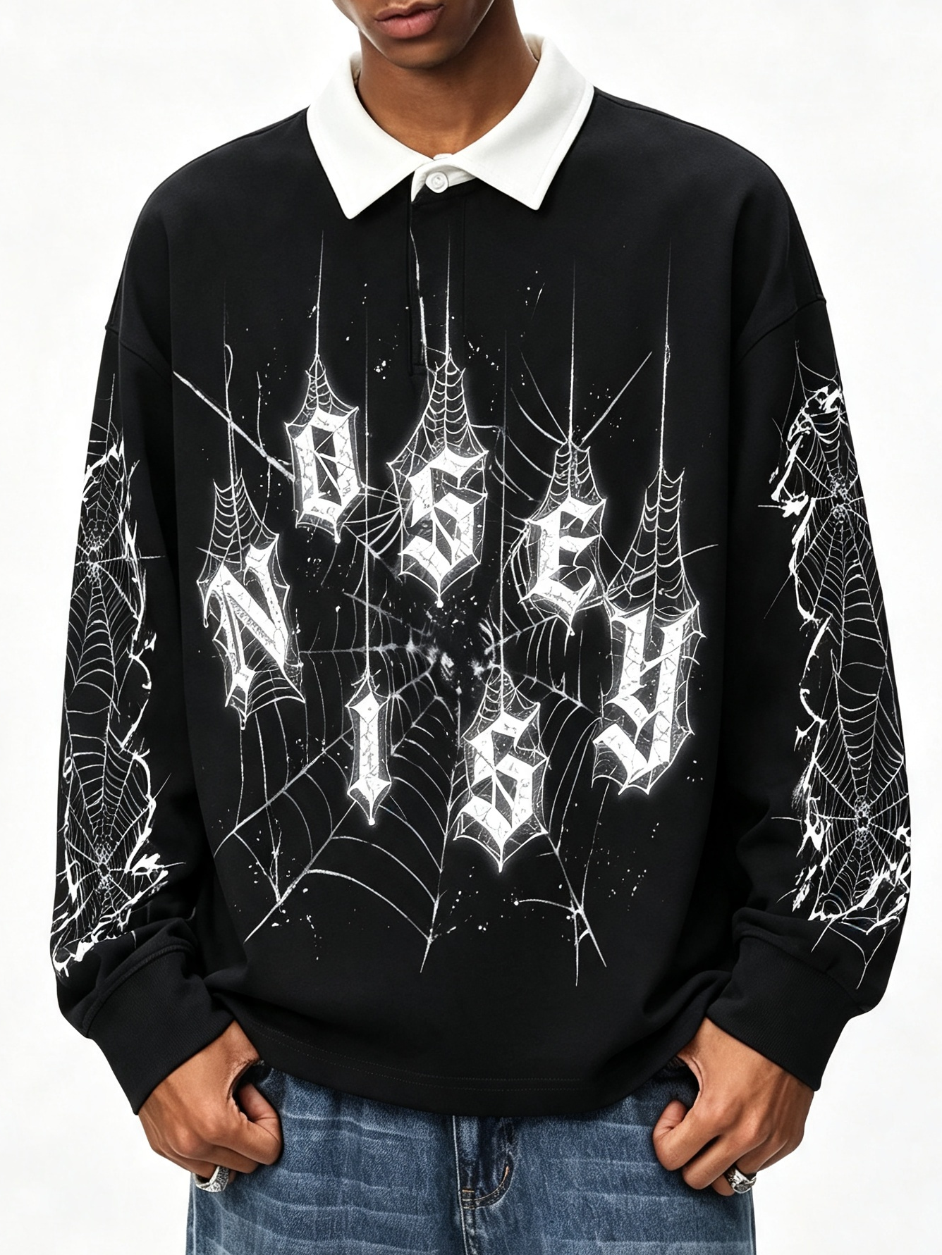 NOISSEY Diamond Spiderweb Graphic Long Sleeve Polo Sweatshirt - Pure Black (Full Sleeve Print Edition)