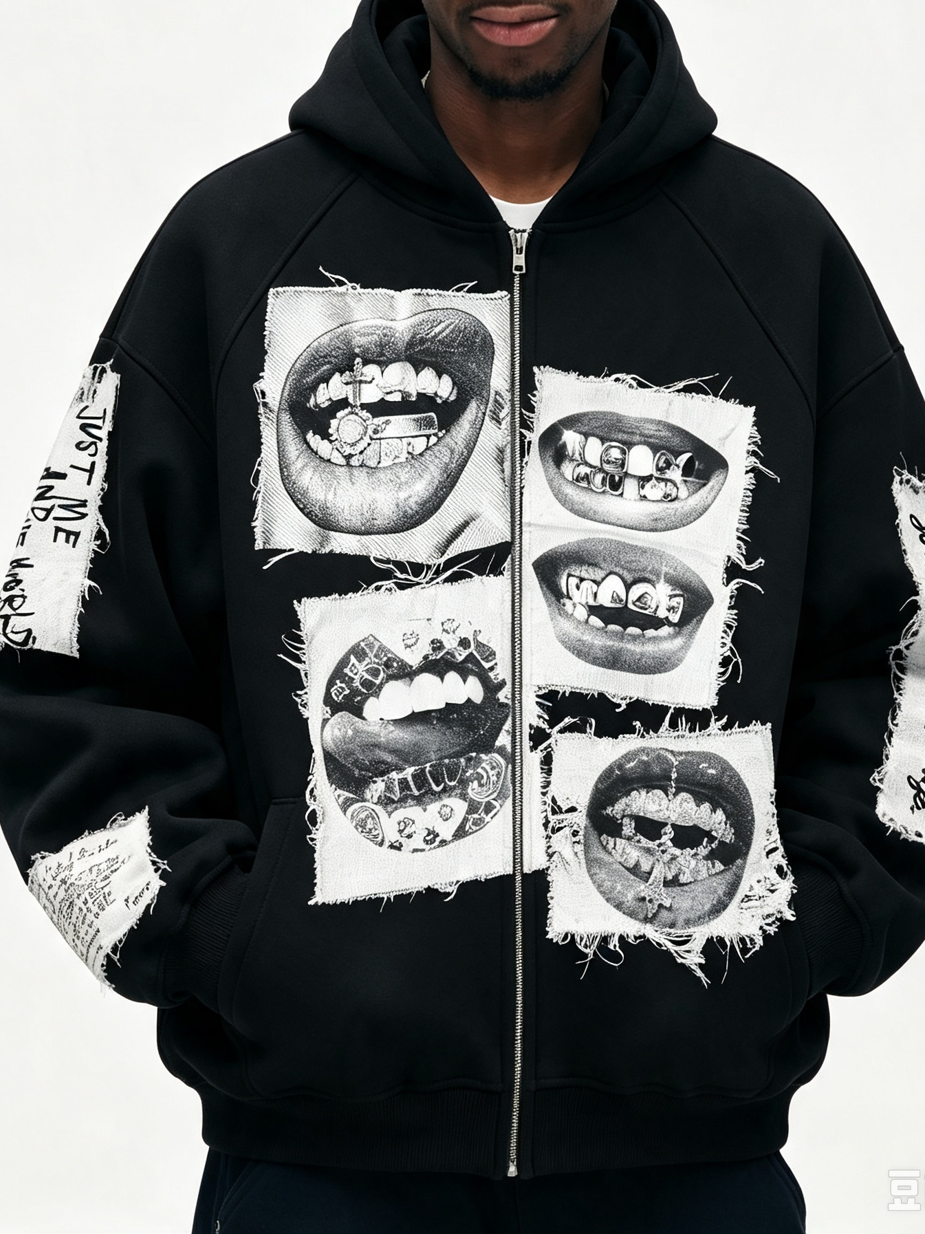NOISSEY Black & White Diamond Grillz Faux Raw-Edge Patchwork Full-Zip Hoodie - Classic Black