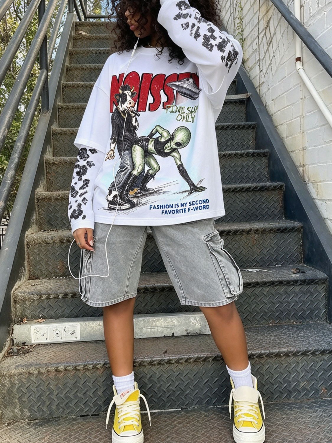 NOISSEY "Alien & Bull" Parody Graffiti Fake Two-Piece Long-Sleeve Tee