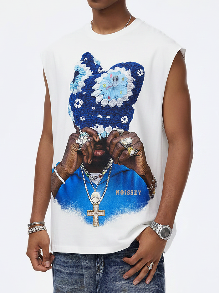 NOISSEY Tanktop mit Saphirblau-Strickmützen-Print – Off-White