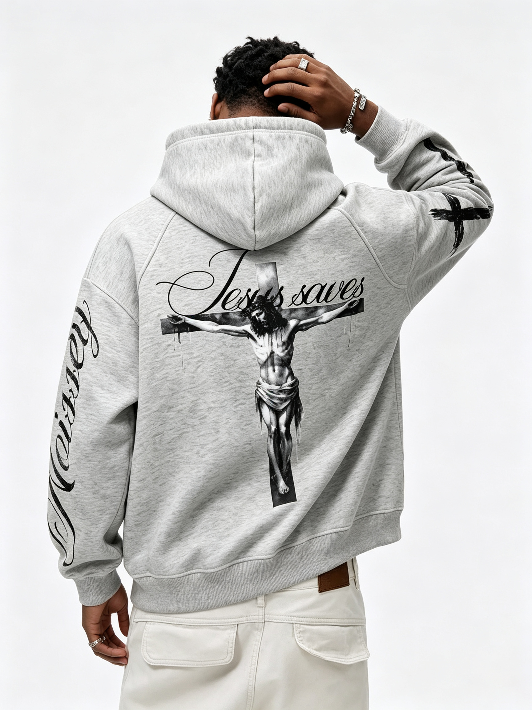 NOISSEY God Cross Religious Distressed Graphic Heavyweight Zip-Up Hoodie - Heather Gray Streetwear Sweatshirt
