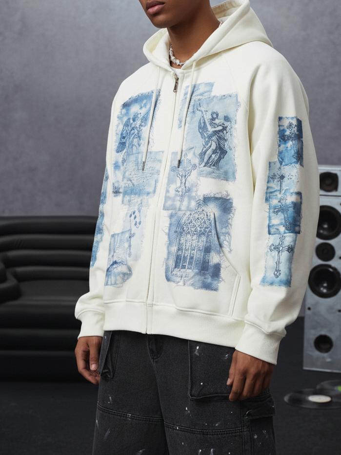 NOISSEY Cyanotype Patchwork Angel Cross Graphic Full-Zip Hoodie - White Streetwear Hoodie