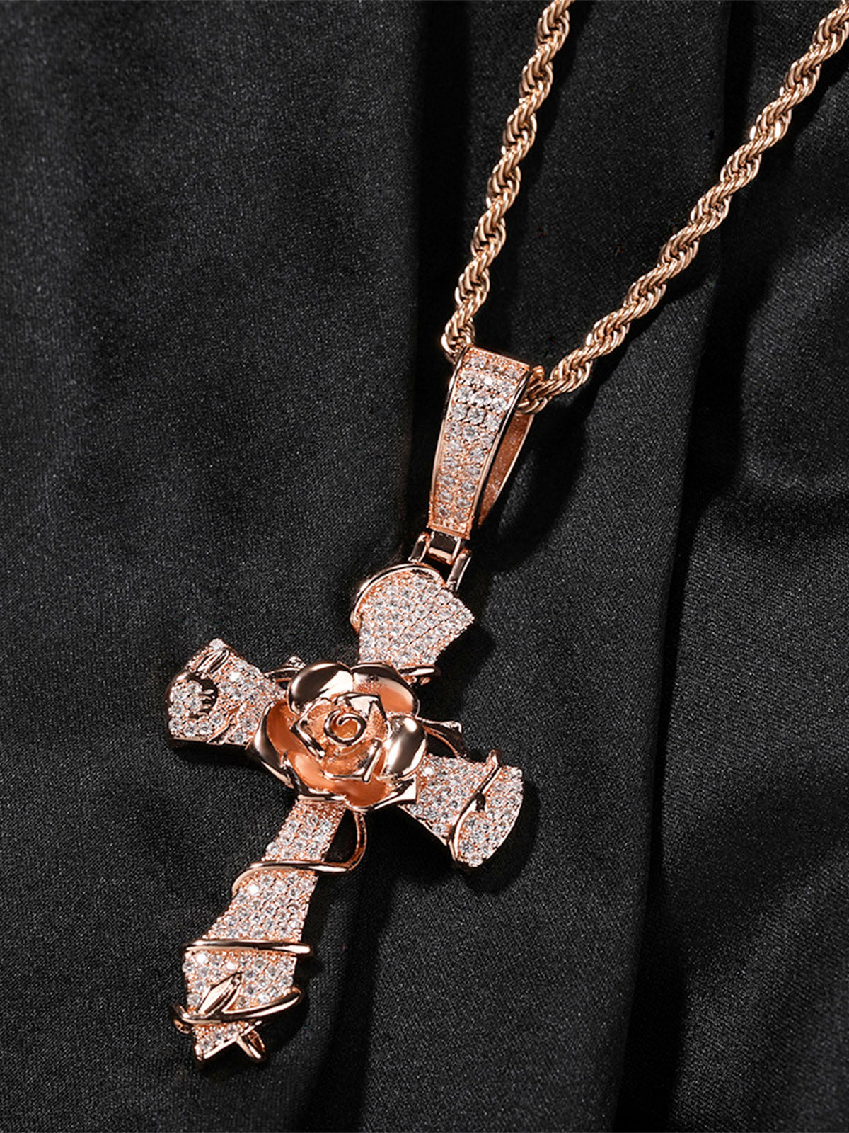 Copper-Plated 5A Zircon Rose Cross Necklace