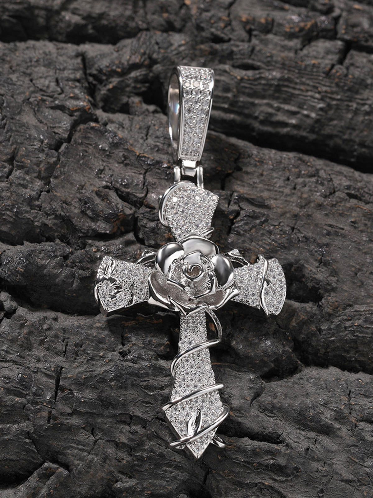 Copper-Plated 5A Zircon Rose Cross Necklace
