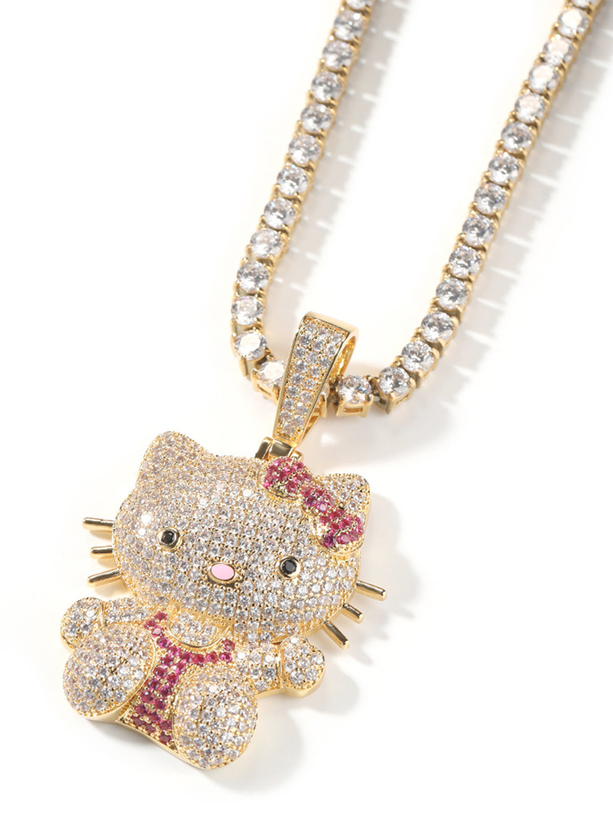 Pink Butterfly Kitty Diamond Pendant Necklace