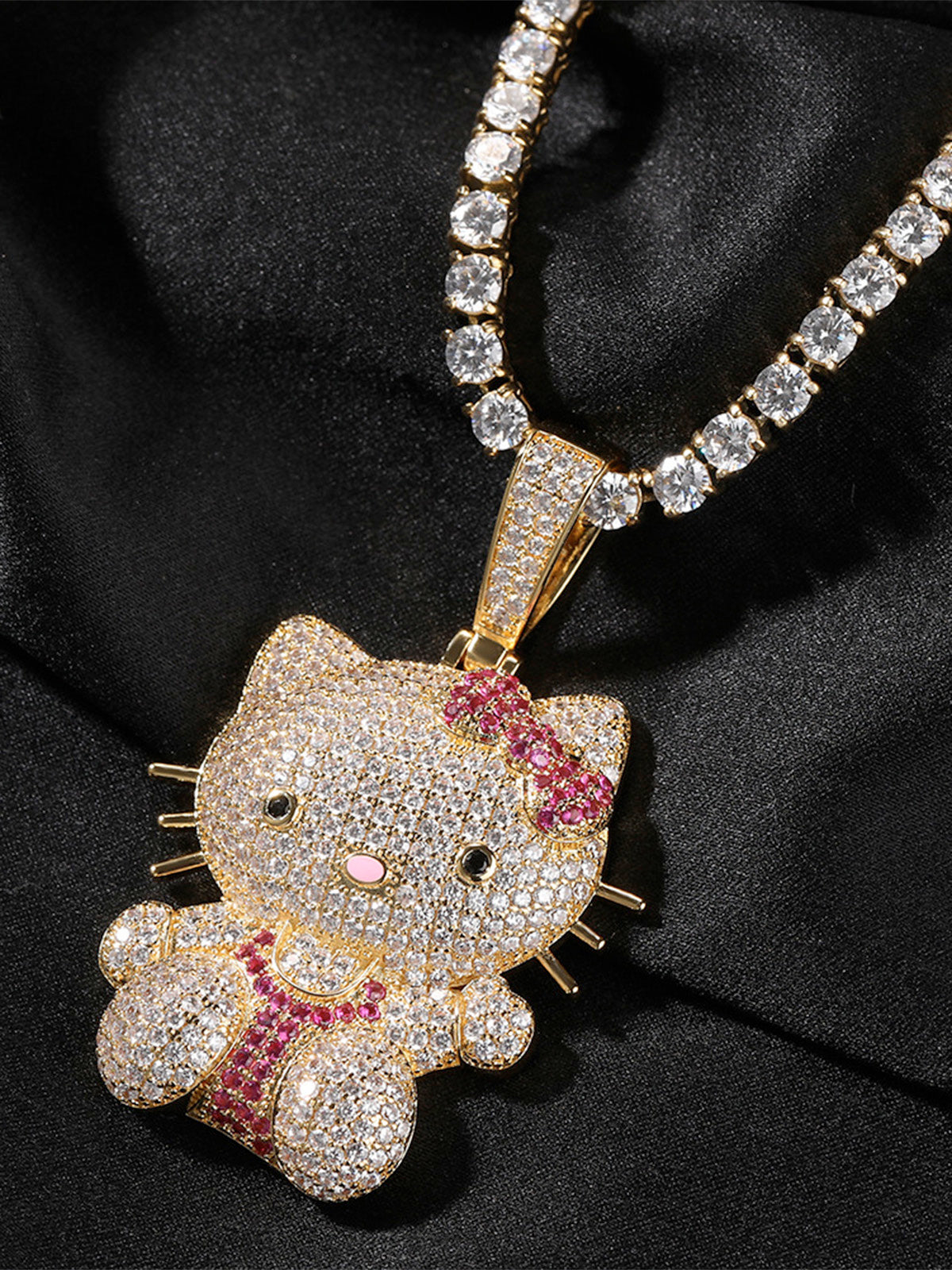 Pink Butterfly Kitty Diamond Pendant Necklace