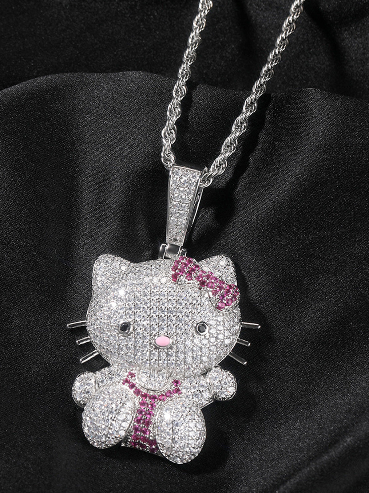 Pink Butterfly Kitty Diamond Pendant Necklace