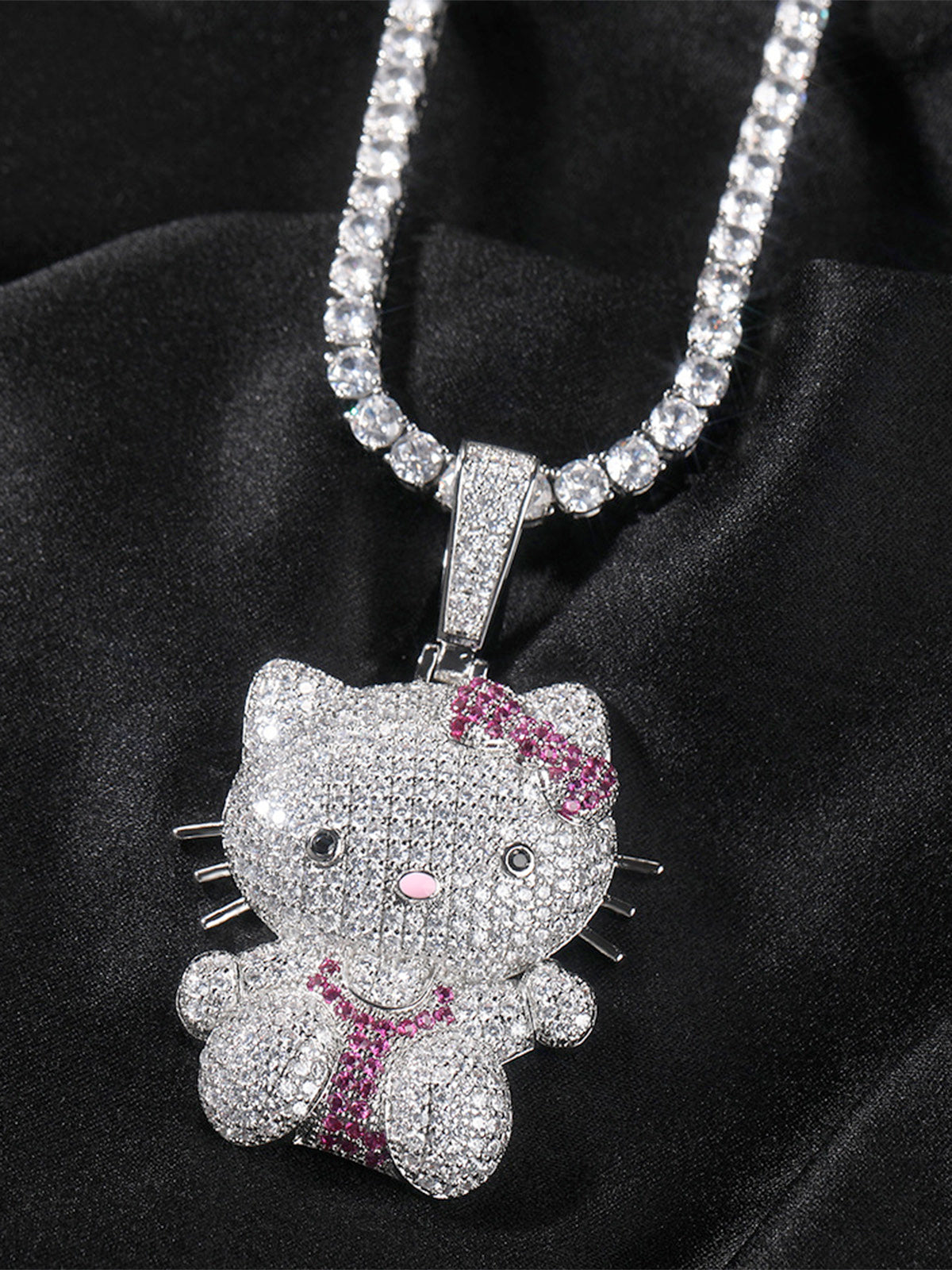 Pink Butterfly Kitty Diamond Pendant Necklace