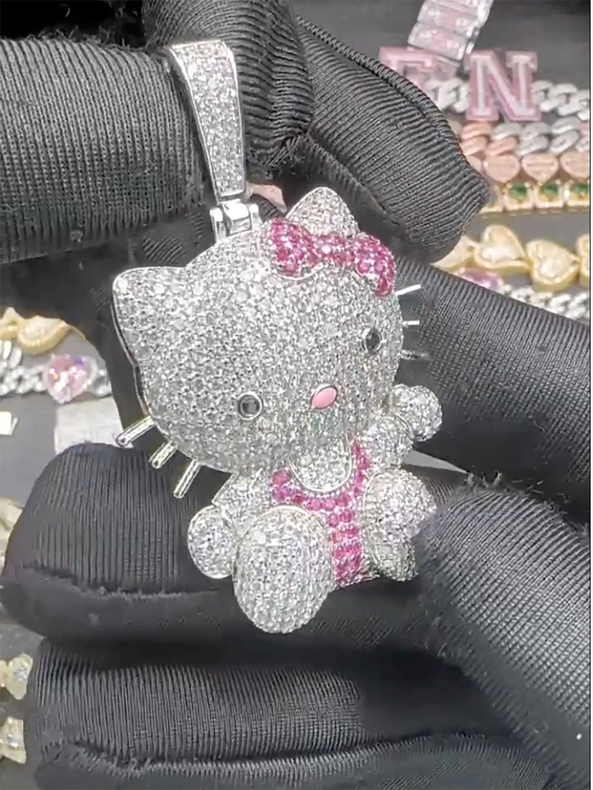 Pink Butterfly Kitty Diamond Pendant Necklace