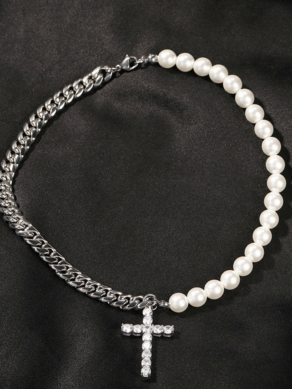 Stainless steel Cuban link and pearl combined Necklace