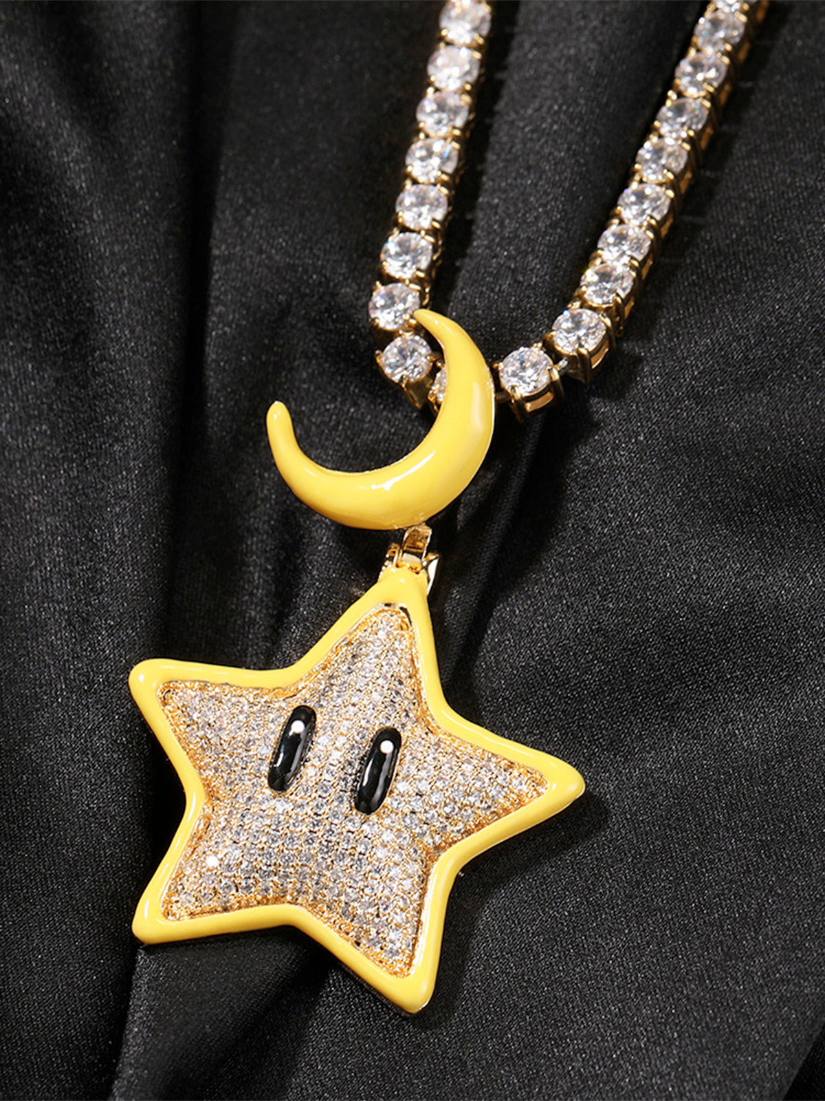 Cartoon Night Glowing Star Hip-hop Necklace with Rhinestone