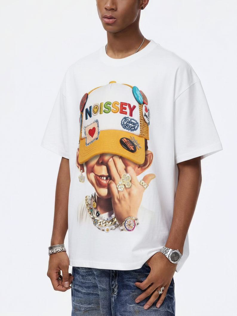 NOISSEY "Patchwork Bad Boy" Shimmering Jewelry Badge Cap Cartoon Portrait Oversized Tee