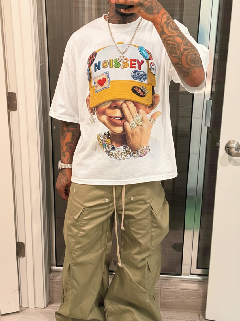 NOISSEY "Patchwork Bad Boy" Shimmering Jewelry Badge Cap Cartoon Portrait Oversized Tee