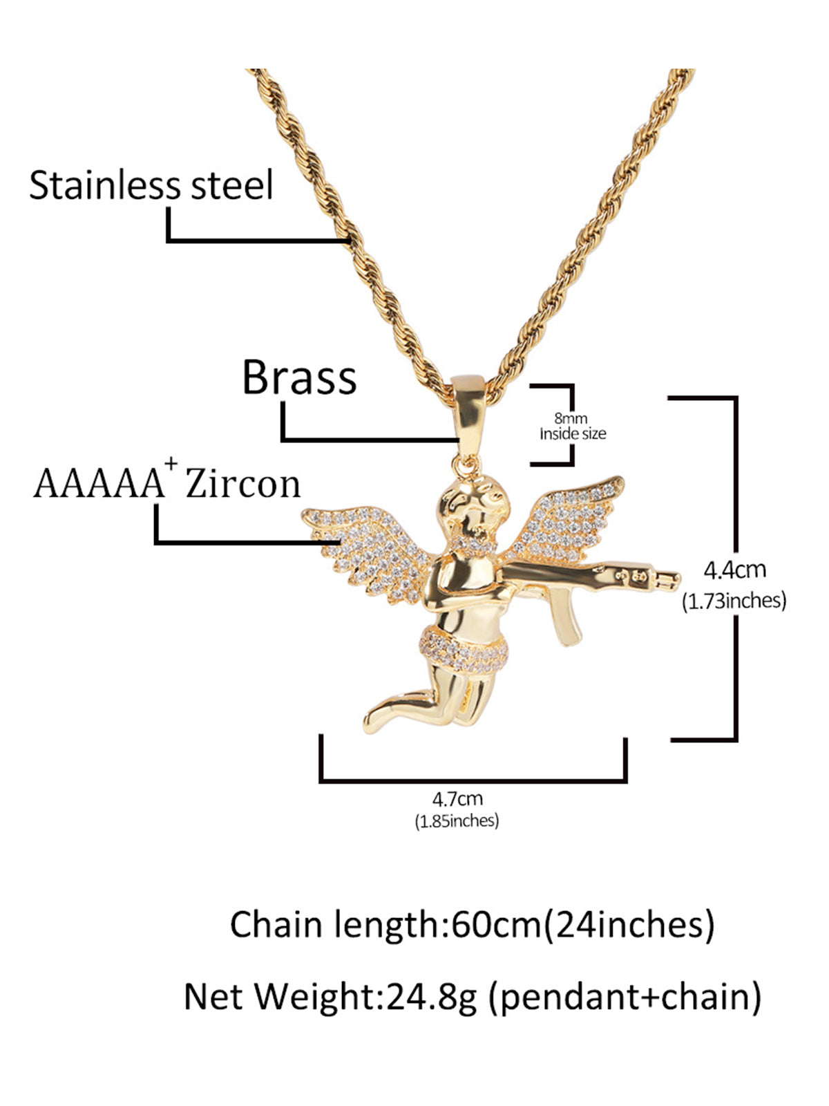 Collier avec pendentif en forme d'ange tenant un pistolet et zircone incrustée en laiton