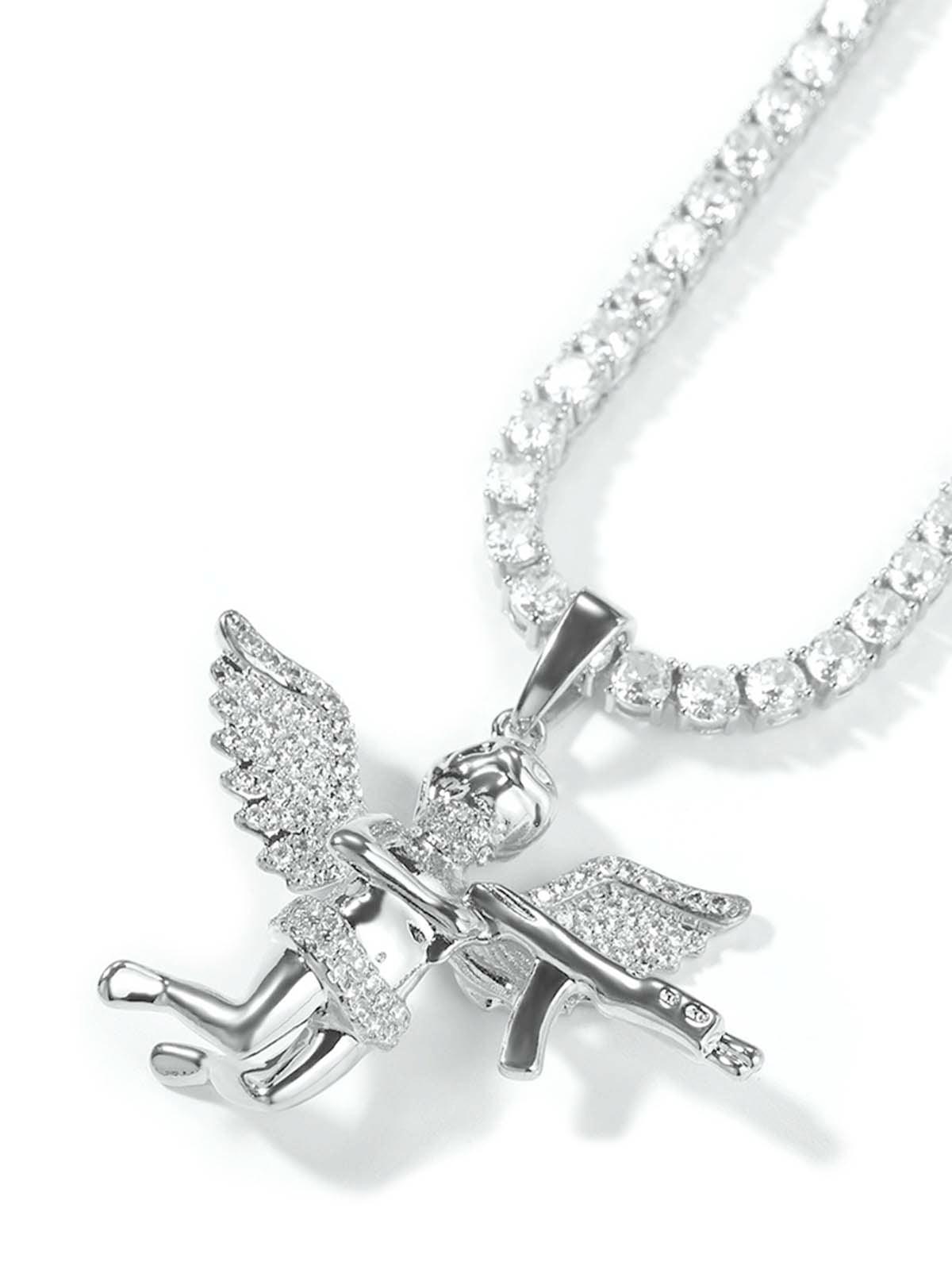 Gun-toting Angel Pendant Necklace with Zirconia Inlaid in Brass