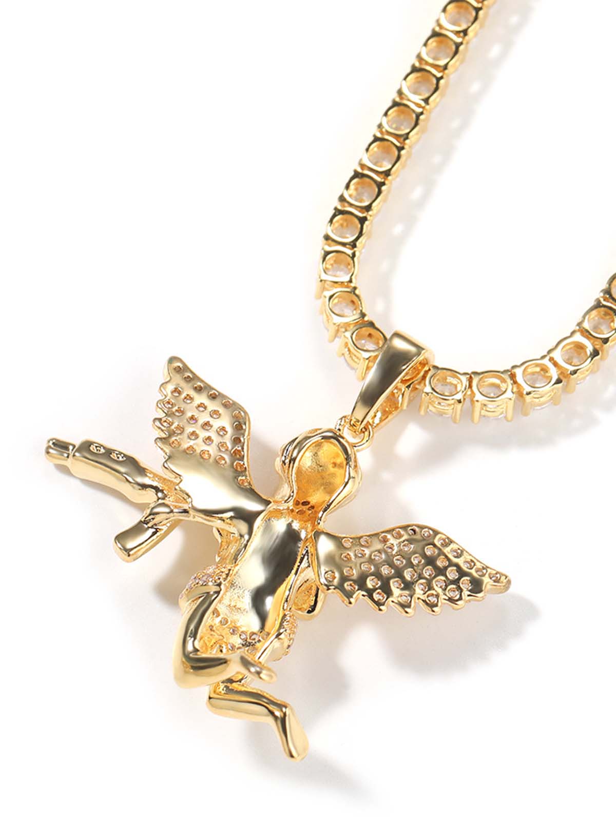 Gun-toting Angel Pendant Necklace with Zirconia Inlaid in Brass