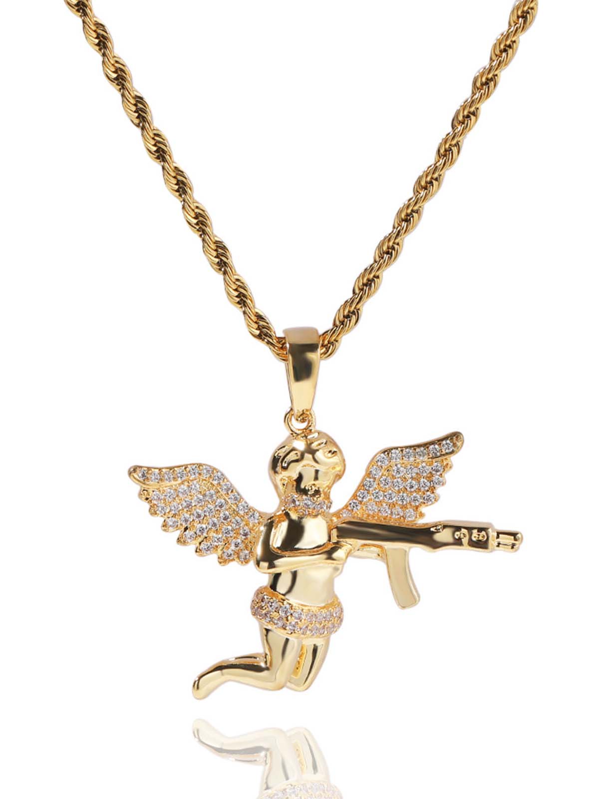 Gun-toting Angel Pendant Necklace with Zirconia Inlaid in Brass