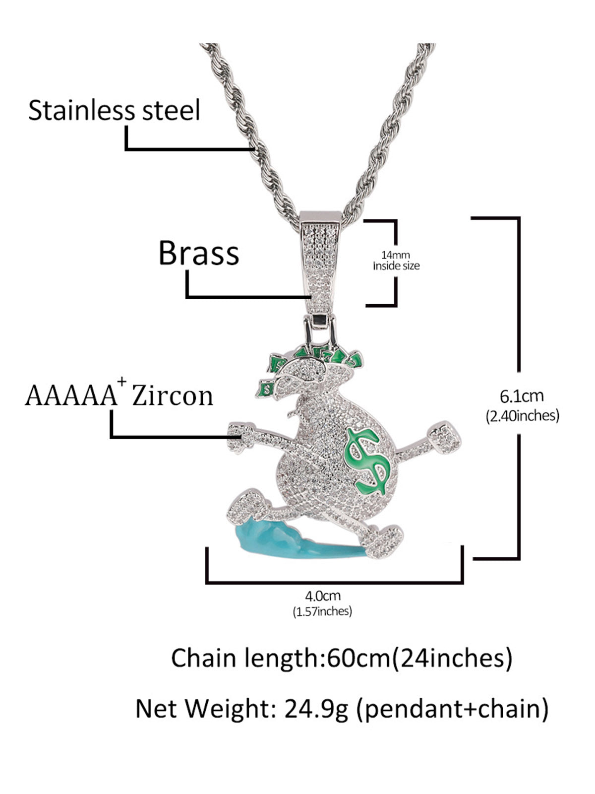 Collier pendentif sac à main de course avec zircone incrustée en laiton