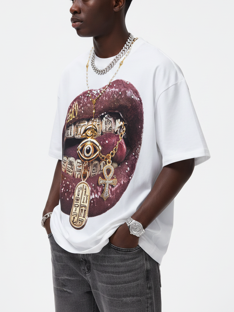 NOISSEY "The Golden Oracle" Wet-Gloss Lips Pharaonic Hieroglyphic Grills Oversized Tee