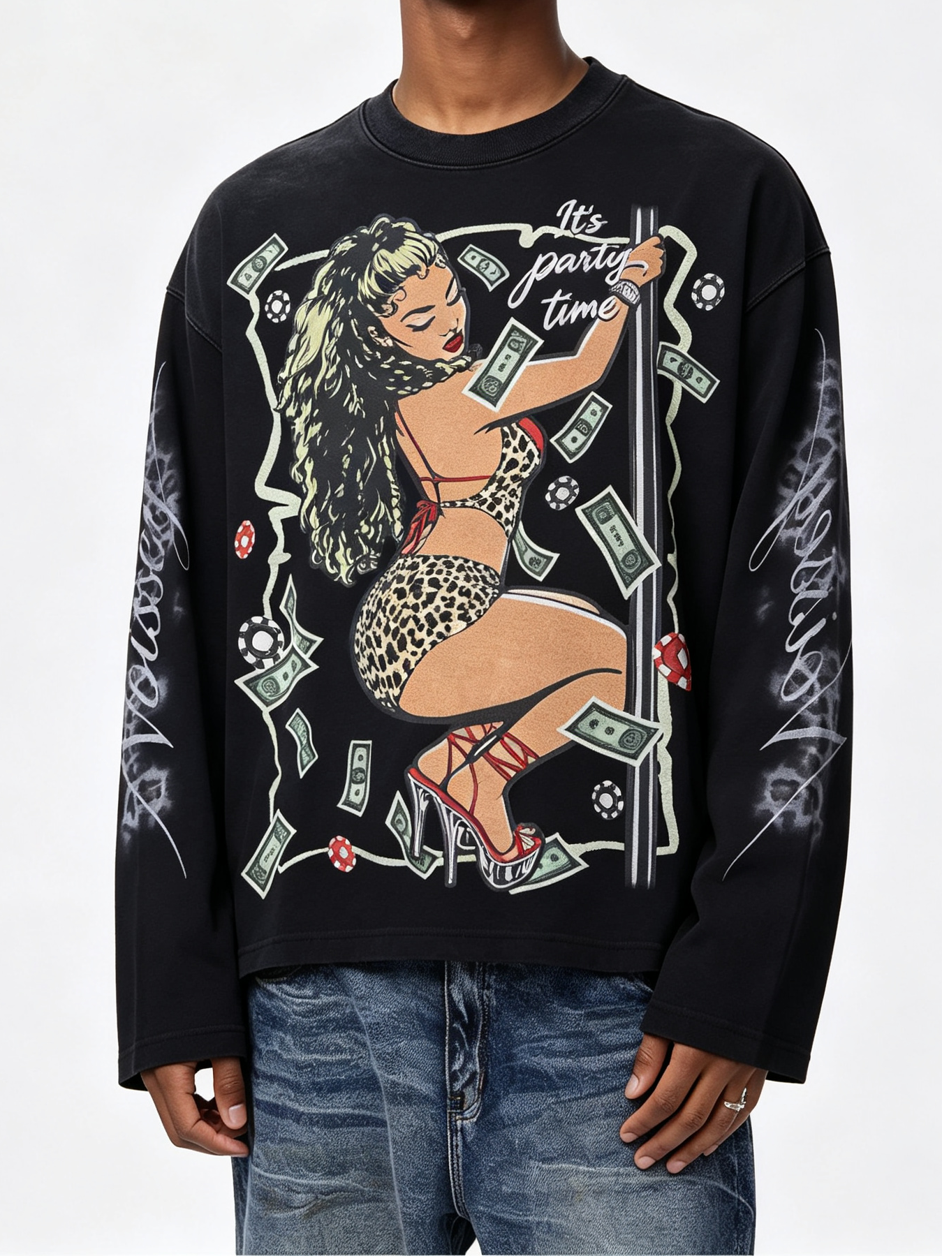 NOISSEY Leopard Pole Dancer Money Chips Graphic Long Sleeves - Black