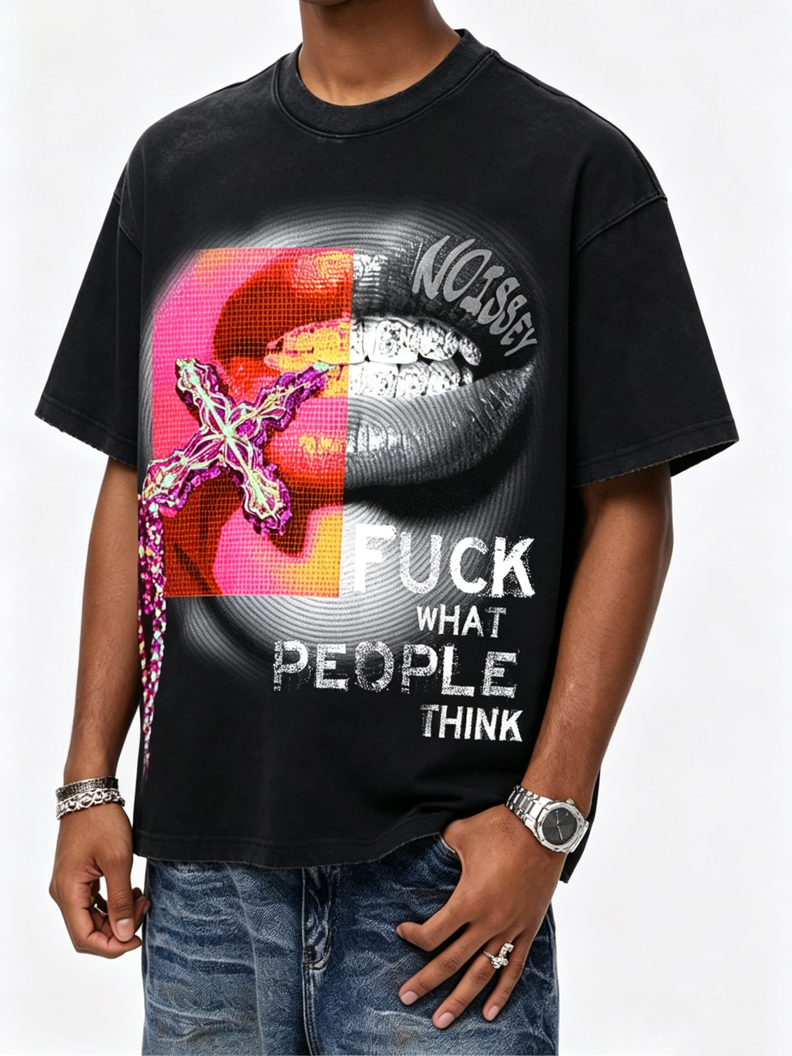NOISSEY Cross Rosary Lips Pop Art Tee - Black Oversized Short Sleeve Shirt