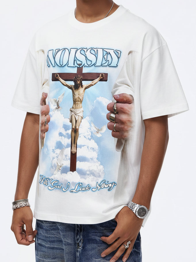 NOISSEY God Is Always With You Religious Art T-Shirt - Off-White
