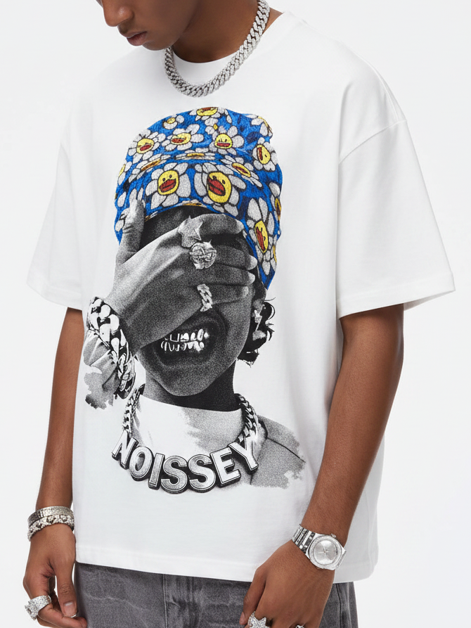NOISSEY Blue Flower Bandana Kid Gold Grillz Boxy Graphic Tee - White Streetwear Shirt