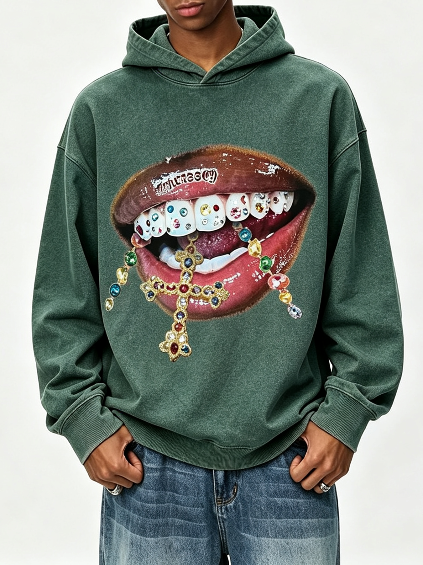 NOISSEY Vintage Wash "Diamond Cross Grillz" Heavyweight Hoodie (425g)