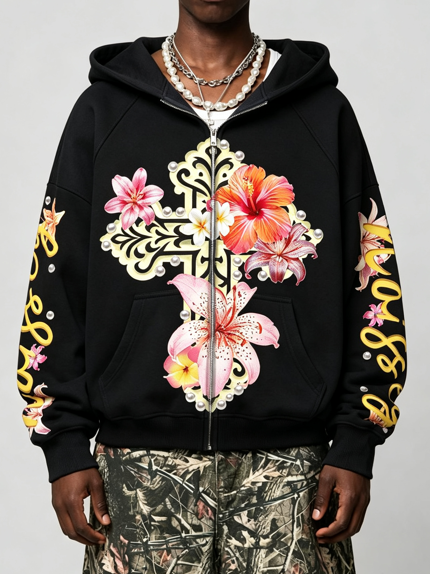 NOISSEY Floral Cross Graphic Full-Zip Hoodie - Jet Black