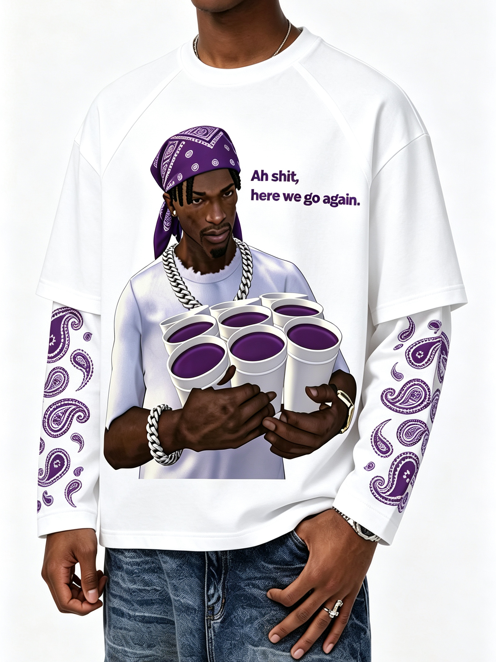 NOISSEY Gaming Character Purple Paisley Fake-Two-Piece Heavyweight Long Sleeves  White