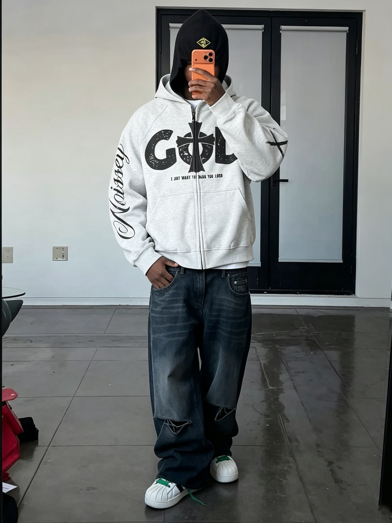 NOISSEY God Cross Religious Distressed Graphic Heavyweight Zip-Up Hoodie - Heather Gray Streetwear Sweatshirt