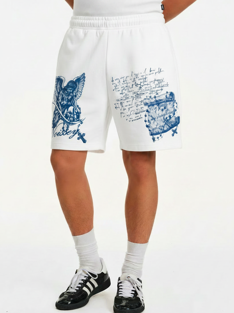NOISSEY Praying Angel Blue Artwork Relaxed Sweat Shorts - Arctic White